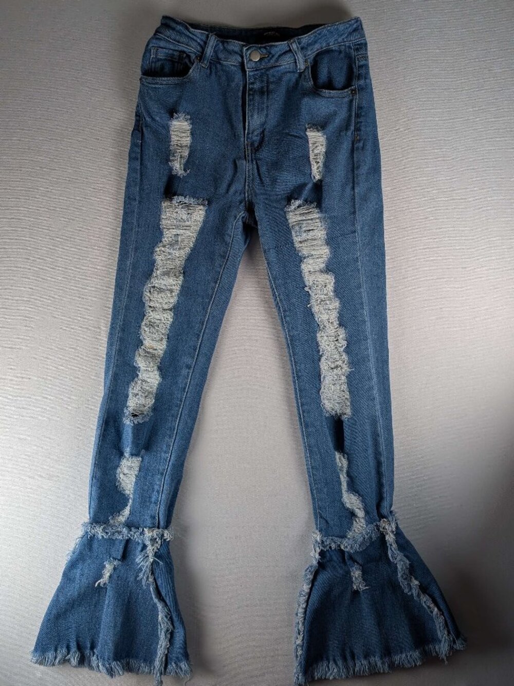 American Bazi Heavy Shredding Distressed Frayed Bell Bottom Jeans  Sz M Boho